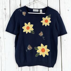 Alfred Dunner Petite XL Floral Embroidered Sweater Top Cottagecore Navy